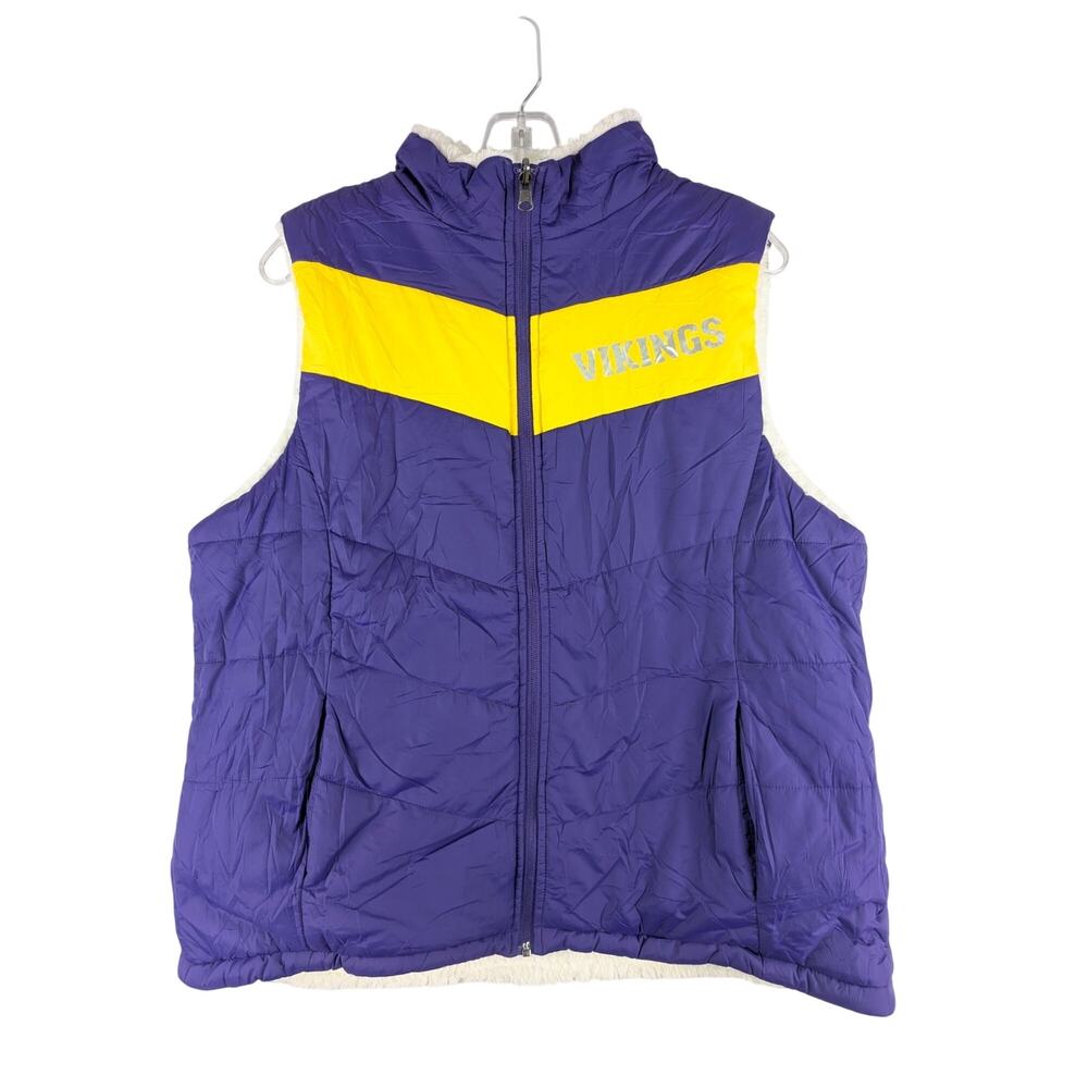NFL Minnesota Vikings Womens Large Reversible Purple Puffer Sherpa Vest NWOT